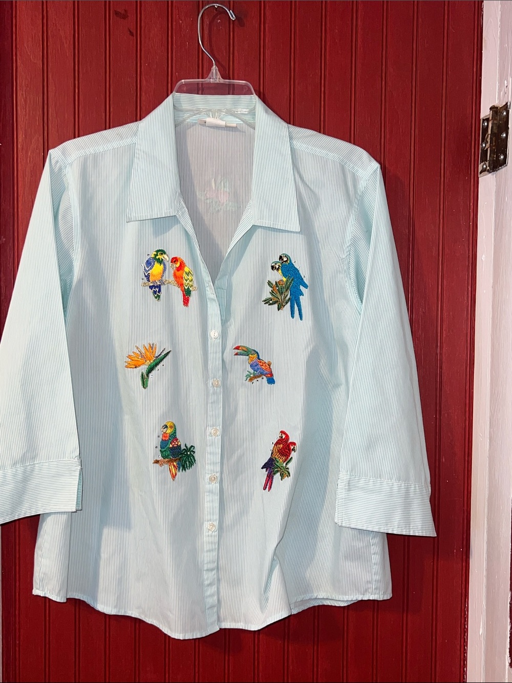 Vintage Light Blue Embroidered Parrot Tropical Birds Button-Down Blouse L